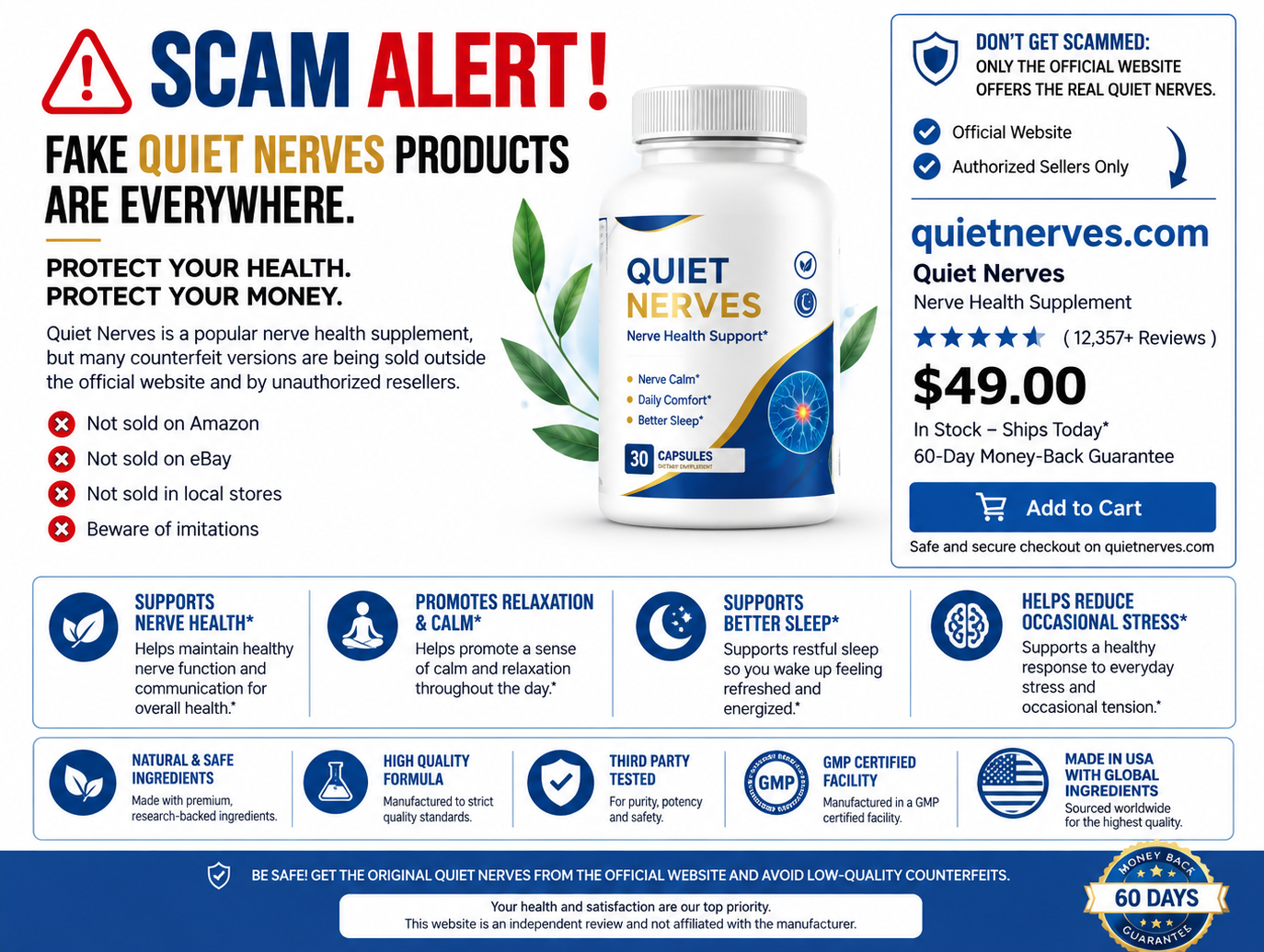 Quiet Nerves scam alert graphic